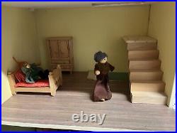 Wooden Doll House with furniture and figures Pre-Owned