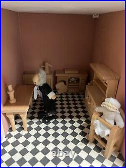 Wooden Doll House with furniture and figures Pre-Owned