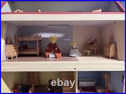 Wooden Doll House with furniture and figures Pre-Owned