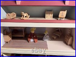 Wooden Doll House with furniture and figures Pre-Owned