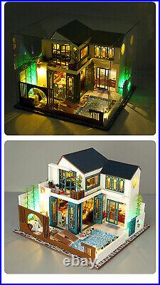 Wooden Dollhouse Assembled Miniature Furniture with Swimming Pool And Dust Cover