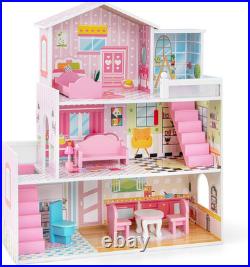 Wooden Dollhouse Large 3 Storey Dollhouse with Furniture Balcony Window