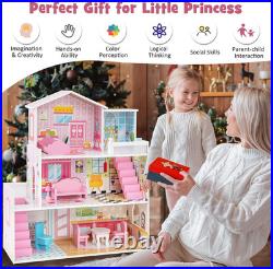 Wooden Dollhouse Large 3 Storey Dollhouse with Furniture Balcony Window