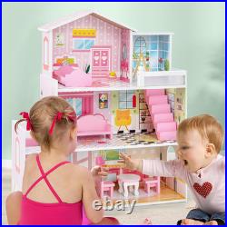 Wooden Dollhouse Large 3 Storey Dollhouse with Furniture Balcony Window