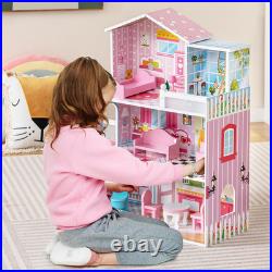 Wooden Dollhouse Large 3 Storey Dollhouse with Furniture Balcony Window