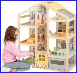 Wooden Dollhouse Large Kids Dolls House with 7 Rooms Furniture Figures Garage