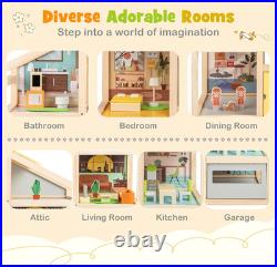 Wooden Dollhouse Large Kids Dolls House with 7 Rooms Furniture Figures Garage
