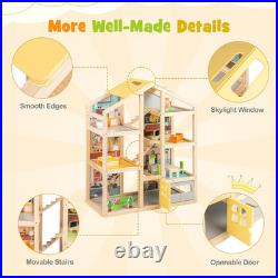 Wooden Dollhouse Large Kids Dolls House with 7 Rooms Furniture Figures Garage