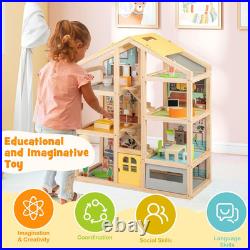 Wooden Dollhouse Large Kids Dolls House with 7 Rooms Furniture Figures Garage