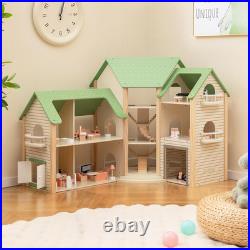 Wooden Dollhouse Luxury 3 Storey Kids Dolls House with Garage Balcony 36pcs
