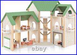 Wooden Dollhouse Luxury 3 Storey Kids Dolls House with Garage Balcony 36pcs