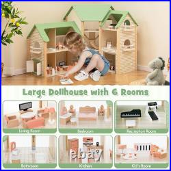Wooden Dollhouse Luxury 3 Storey Kids Dolls House with Garage Balcony 36pcs