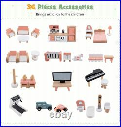 Wooden Dollhouse Luxury 3 Storey Kids Dolls House with Garage Balcony 36pcs Wooden Dollhouse Luxury 3 Storey Kids Dolls House with Garage Balcony 36pcs