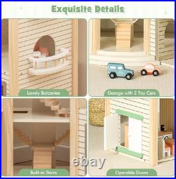 Wooden Dollhouse Luxury 3 Storey Kids Dolls House with Garage Balcony 36pcs