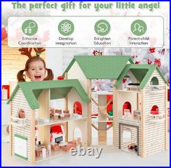 Wooden Dollhouse Luxury 3 Storey Kids Dolls House with Garage Balcony 36pcs