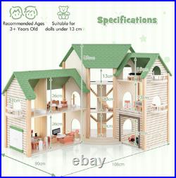 Wooden Dollhouse Luxury 3 Storey Kids Dolls House with Garage Balcony 36pcs