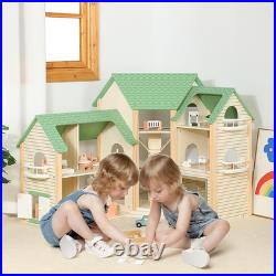 Wooden Dollhouse Luxury 3 Storey Kids Dolls House with Garage Balcony 36pcs