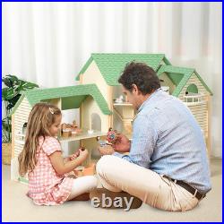Wooden Dollhouse Luxury 3 Storey Kids Dolls House with Garage Balcony 36pcs
