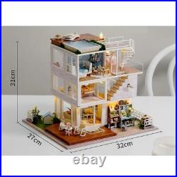 Wooden Dollhouse Miniature with LED Light Furniture Doll House for Friends