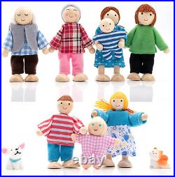 Wooden Dollhouse People Family Set with Cat and Dog, Dolls House Figures for