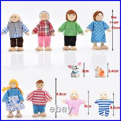Wooden Dollhouse People Family Set with Cat and Dog, Dolls House Figures for