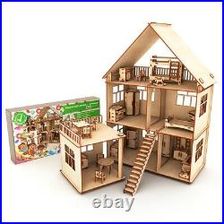 Wooden Dollhouse Vintage Dolodom Furniture Three-Story House Miniature 3D New