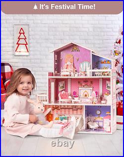Wooden Dollhouse for Kid Doll House with 24Pcs Furniture Preschool Dollhouse Pla