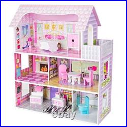 Wooden Dollhouse for Little Girls, Doll House with 9 Furniture Pieces Toys