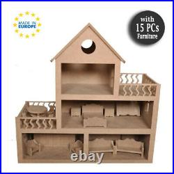 Wooden Dollhouse for Toddler, Montessori Wooden DollHouse with 15 PCs Furnitures