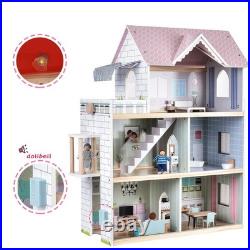 Wooden Dolls House, 2.6 Feet High with Elevator, Doorbell, Light, 15
