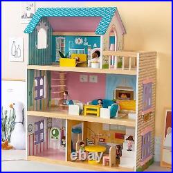 Wooden Dolls House 3 Levels Princess Villa for Kids Ages 3-7+ Birthday Gifts