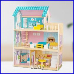 Wooden Dolls House 3 Levels Princess Villa for Kids Ages 3-7+ Birthday Gifts