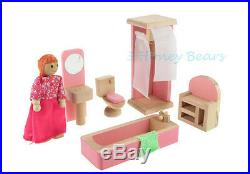Wooden Dolls House Furniture 6 Sets Bedroom Kitchen Bathroom&Living Room+6 Dolls