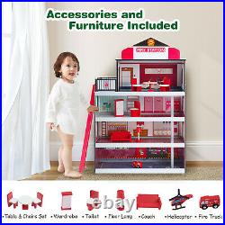 Wooden Dolls House Kids Fire Station Playset WithLadder Toy Fire Truck &Helicopter