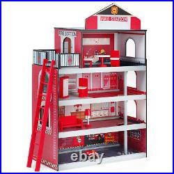 Wooden Dolls House Kids Fire Station Playset WithLadder Toy Fire Truck &Helicopter
