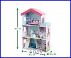 Wooden Dolls House Kids Pretend Play Tall Mansion Furniture Toy Set 3 Storey
