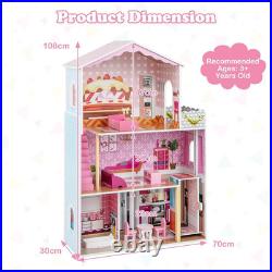 Wooden Dolls House Large 3-Storey Dollhouse with Simulated Rooms DIY Playhouse