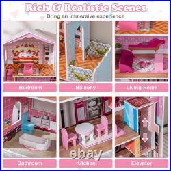 Wooden Dolls House Large 3-Storey Dollhouse with Simulated Rooms DIY Playhouse