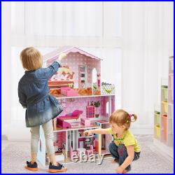 Wooden Dolls House Large 3-Storey Dollhouse with Simulated Rooms DIY Playhouse