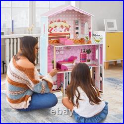 Wooden Dolls House Large 3-Storey Dollhouse with Simulated Rooms DIY Playhouse