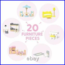 Wooden Dolls House, Large Three Level Dollhouse, Kids, Includes 20 pcs Furniture