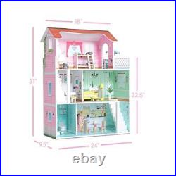 Wooden Dolls House, Large Three Level Dollhouse for Kids Includes 20