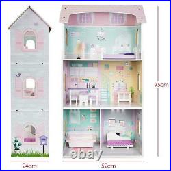 Wooden Dolls House Toy with 8 Play Furniture Accessories and 3 Stories New