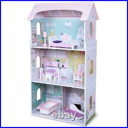 Wooden Dolls House Toy with 8 Play Furniture Accessories and 3 Stories New