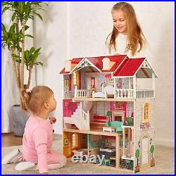 Wooden Dolls House for Girls, Large Dollhouse Toy for Kids with Furniture