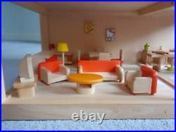 Wooden Dolls House + furniture for all rooms + Car + people + outdoor games
