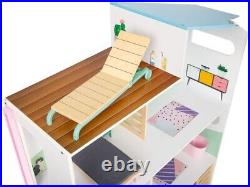 Wooden Kids 3 Storey Doll House With Furniture Accessories Terrace and Garden
