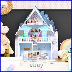 Wooden Kids 3 Storey Doll House with15 Pieces of Realistic Furniture Accessories