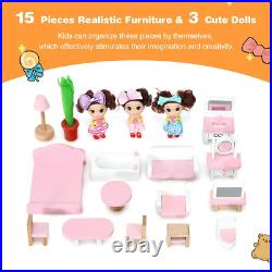 Wooden Kids 3 Storey Doll House with15 Pieces of Realistic Furniture Accessories
