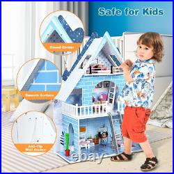 Wooden Kids 3 Storey Doll House with Furniture Accessories